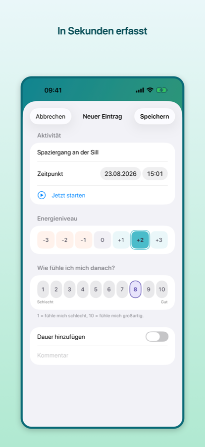 Formular für einen neuen Eintrag: die Aktivität „Spaziergang an der Sill“, die Energieskala von −3 bis +3 mit +2 gewählt und darunter die Gefühlsskala von 1 bis 10 mit 8 gewählt.